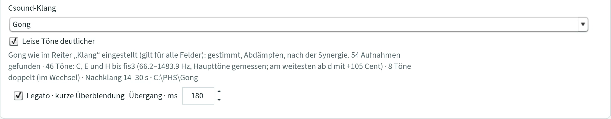 Reiter „Feld B · rechts“, unten: Csound-Klang „Gong“, Leise Töne deutlicher, der Hinweis „Gong wie im Reiter „Klang“ eingestellt (gilt für alle Felder): gestimmt, Abdämpfen, nach der Synergie. 54 Aufnahmen gefunden · 46 Töne: C, E und H bis fis3 …“ und Legato.