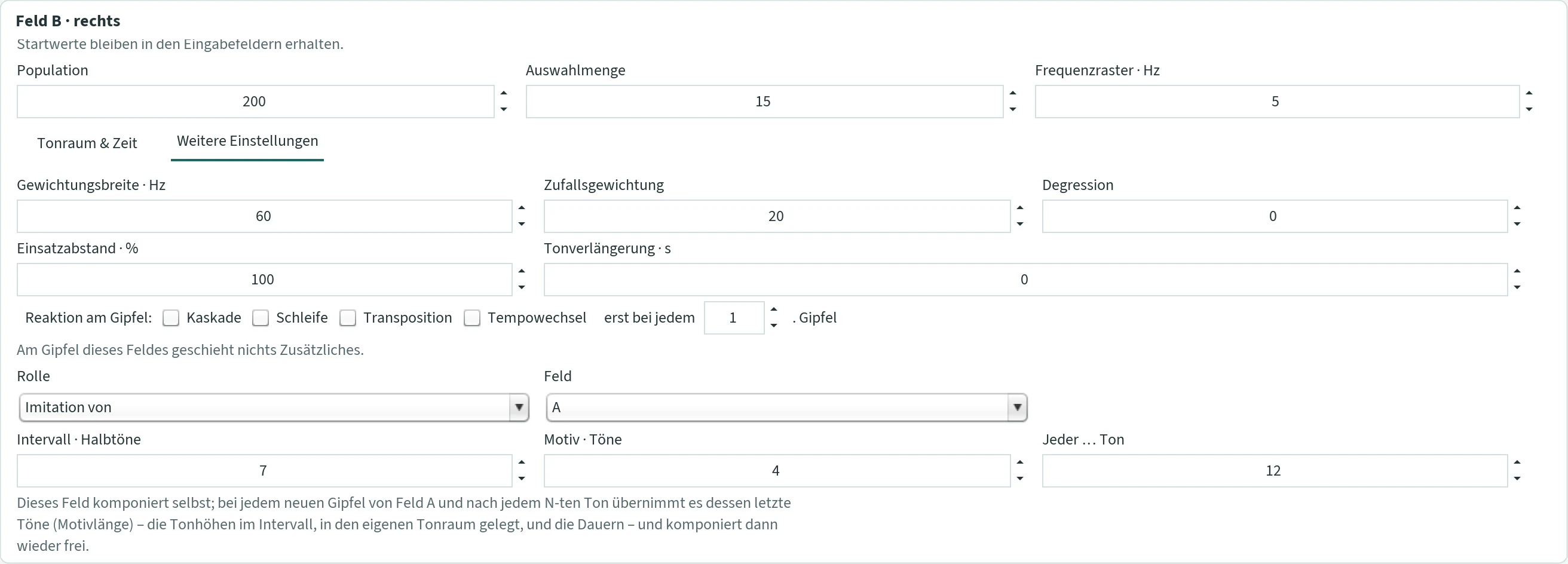 Reiter „Feld B · rechts“ mit der Rolle „Imitation von“ Feld A: Intervall 7 Halbtöne, Motiv 4 Töne, jeder 12. Ton, und dem Hinweis, dass dieses Feld selbst komponiert und bei jedem neuen Gipfel von Feld A dessen letzte Töne übernimmt.
