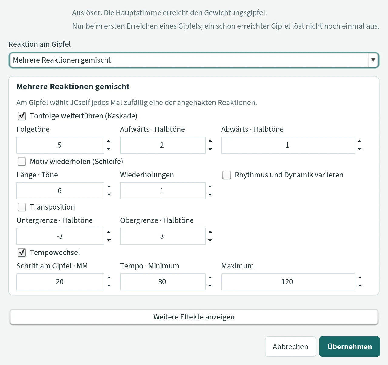 Fenster „Effekte“ mit „Mehrere Reaktionen gemischt“: angehakt sind Tonfolge weiterführen (Kaskade) und Tempowechsel, jede Reaktion mit ihren Feldern.