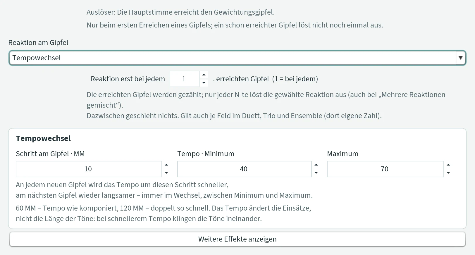 Fenster „Effekte · Gewichtungsgipfel“ mit der Reaktion Tempowechsel, der Zeile „Reaktion erst bei jedem 1. erreichten Gipfel“ und den Feldern Schritt am Gipfel, Tempo Minimum und Maximum.