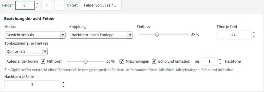 Der obere Teil des Ensemble-Fensters: „Felder 8“ mit + und −, daneben „Oktett“ und der Knopf „Felder von JCself …“; darunter die Beziehung der acht Felder mit Modus Gewichtsimpuls, Kopplung „Nachbarn · nach Tonlage“, Einfluss 35 %, Töne je Feld 24, Tonbeziehung Quinte, die Zeile „Aufeinander hören“ und „Nachbarn je Seite 3“.