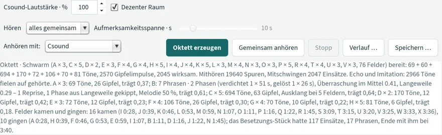 Die Statuszeile des Ensemble-Fensters nach dem Erzeugen: „Felder kamen und gingen: 16 kamen (I 0:28, J 0:39, K 0:46, L 0:53, M 0:59, N 1:07, O 1:11, P 1:16, Q 1:22, R 1:45, S 3:09, …), 10 gingen (A 0:28, H 0:39, F 0:46, G 0:53, E 0:59, I 1:07, B 1:11, D 1:16, J 1:22, N 1:45); das Besetzungs-Stück hatte 117 Einsätze, 17 Phrasen, Ende mit ihm bei 3:40.“
