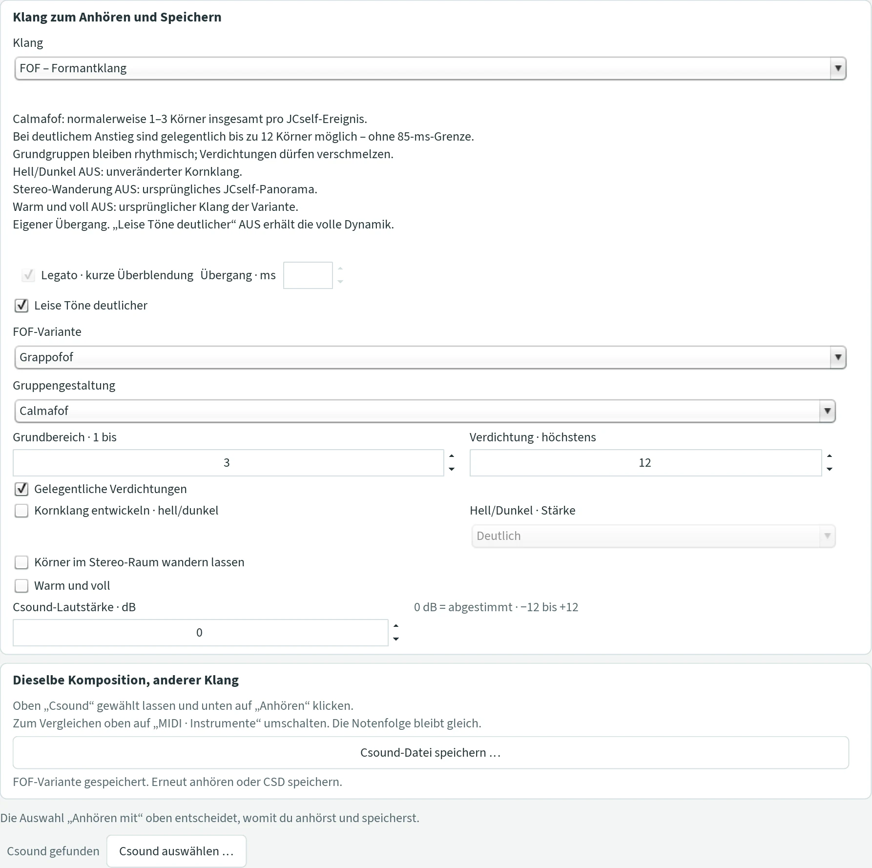 Die Csound-Einstellungen mit FOF – Formantklang und der Variante Grappofof samt Gruppeneinstellungen.