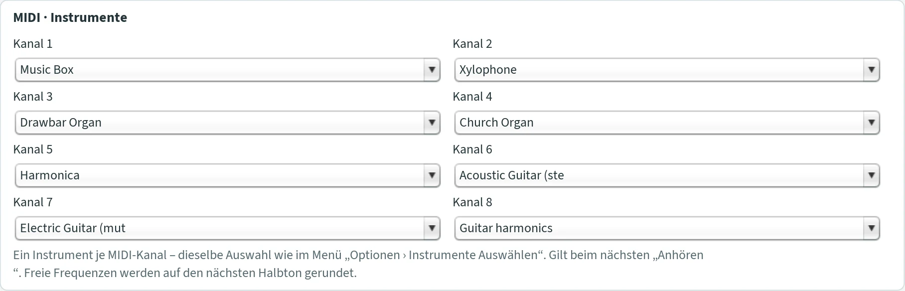 Abschnitt „MIDI · Instrumente“ mit acht Auswahllisten für Kanal 1 bis 8.
