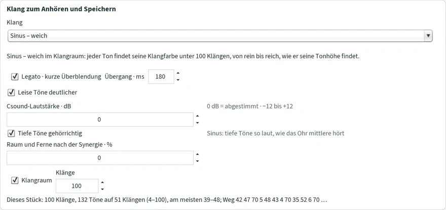 Der Reiter „Klang“ mit „Sinus – weich“: die Beschreibung „Sinus – weich im Klangraum: jeder Ton findet seine Klangfarbe unter 100 Klängen, von rein bis reich, wie er seine Tonhöhe findet.“, darunter Legato, Leise Töne deutlicher, Csound-Lautstärke, Tiefe Töne gehörrichtig, Raum und Ferne, der Haken „Klangraum“ (gesetzt) mit „Klänge 100“ und die Zeile „Dieses Stück: 100 Klänge, 132 Töne auf 51 Klängen (4–100), am meisten 39–48; Weg 42 47 70 5 48 43 4 70 35 52 6 70 …“