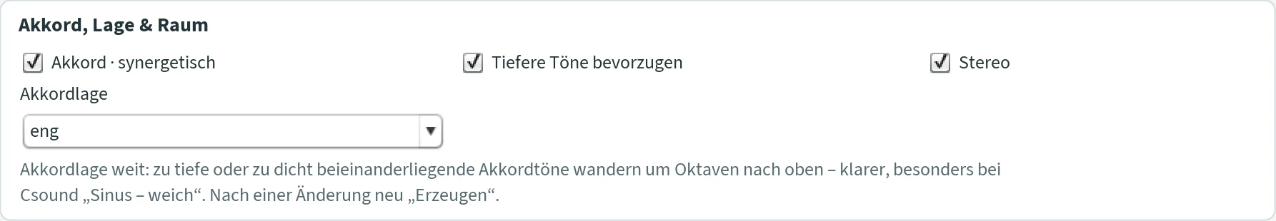 Abschnitt „Akkord, Lage & Raum“ mit Akkord · synergetisch, Tiefere Töne bevorzugen, Stereo und Akkordlage.