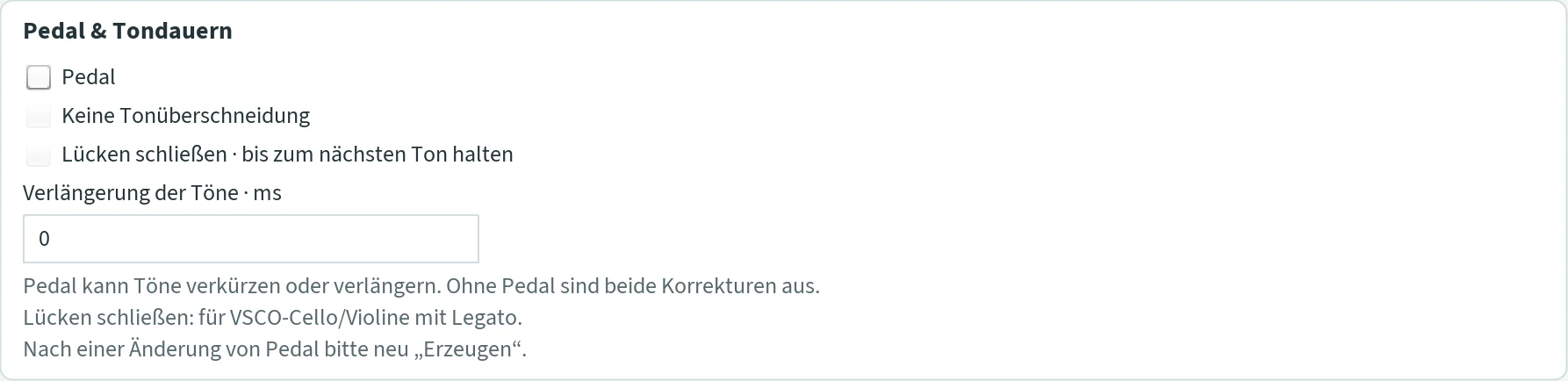 Abschnitt „Pedal & Tondauern“ mit Pedal, Keine Tonüberschneidung, Lücken schließen und Verlängerung der Töne.