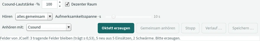 Die Statuszeile „Felder von JCself: 3 tragende Felder bleiben (trägt ≥ 0,53), 5 neu aus 5 Einsätzen, 2 Schwärme. Bitte erzeugen.“ über den Knöpfen des Ensemble-Fensters.