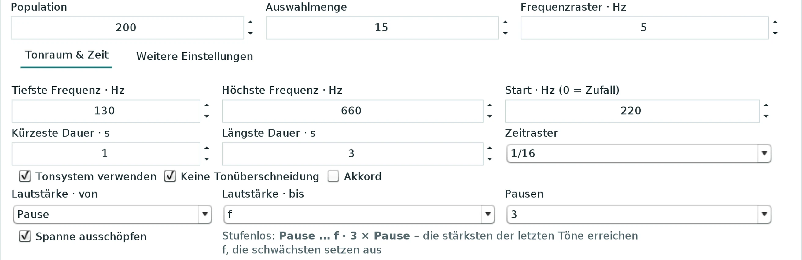 Reiter „Feld A · links“ im Trio-Fenster, Tonraum & Zeit: unter Tonsystem verwenden, Keine Tonüberschneidung und Akkord die Zeile Lautstärke · von „Pause“, Lautstärke · bis „f“, Pausen „3“, darunter Spanne ausschöpfen angehakt und die Zeile „Stufenlos: Pause … f · 3 × Pause – die stärksten der letzten Töne erreichen f, die schwächsten setzen aus“