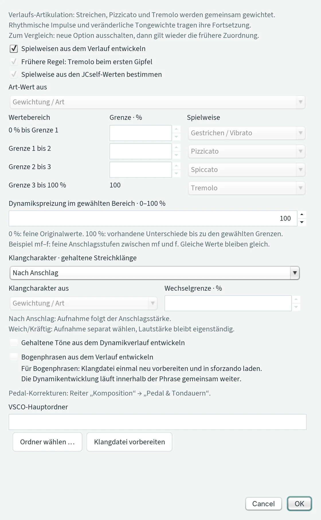 Fenster „Artikulation & Dynamik · Cello“ mit Spielweisen, Tabelle der Grenzen, Dynamikspreizung, Klangcharakter und VSCO-Hauptordner.